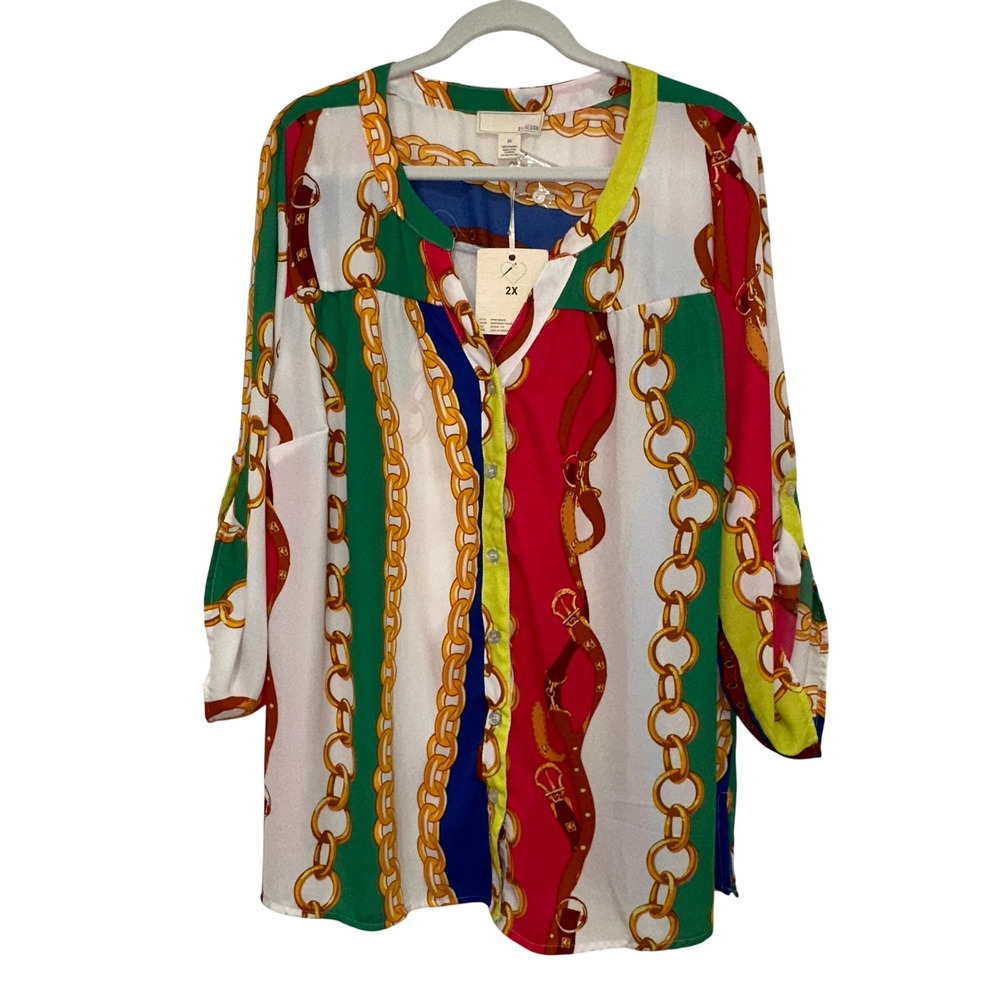 By Design Lorelai II Blouse‎ Womens Top 2X Multi NEW Scarf Chain Print Chiffon